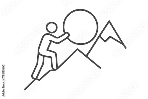 Minimalist line art of person pushing large stone uphill on mountain, symbolizing determination, perseverance, resilience, effort, strength, overcoming obstacles, willpower, and motivation concept