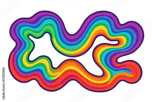 Groovy retro 70s rainbow background. Abstract psychedelic wavy liquid shape with loop. Vector graphic with bold lines in rainbow colors. Colorful fluid wave stripe pattern.