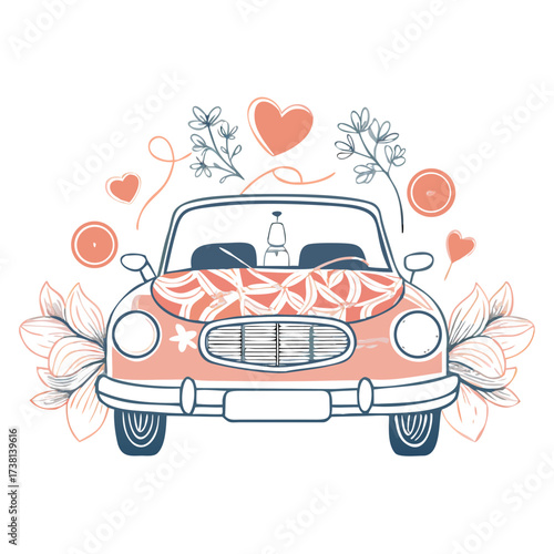 Vintage car decorated with flowers and hearts for celebration  