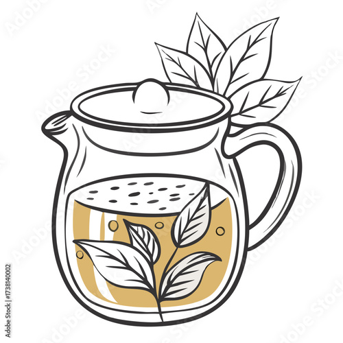 Herbal tea served in glass teapot with fresh leaves  