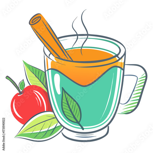 Hot apple cider with cinnamon stick and red apple illustration  