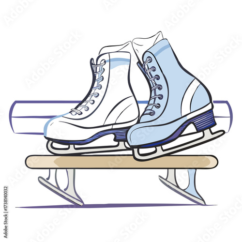 Ice skates resting on a bench with a light blue design  