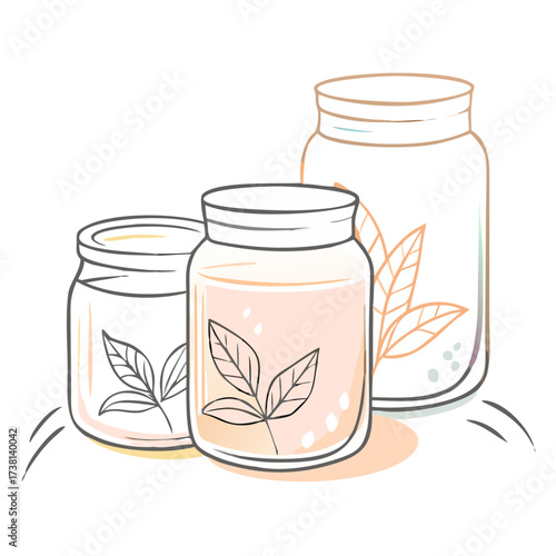 Three jars with herbal extracts featuring leaf illustrations  