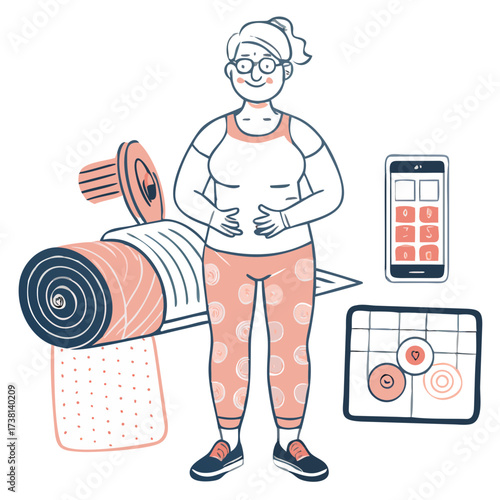 Older woman standing with fitness mat and smartphone in workout attire  