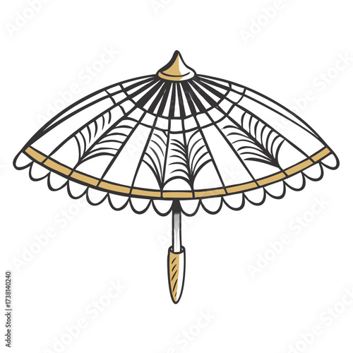 Paper umbrella with intricate pattern and decorative trim  