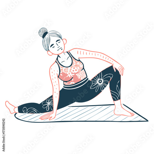 Older woman practicing yoga on mat with floral leggings  