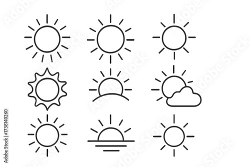 Sun outline icon set. Simple linear weather symbols collection. Vector graphic elements for forecast app. Sunshine, sunrise, sunset, and partly cloudy day signs. Minimalist design.