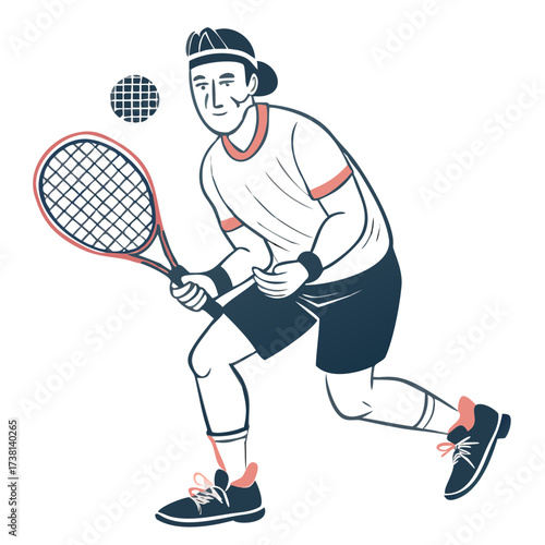 Senior man playing tennis and preparing to hit the ball  
