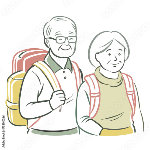 Elderly couple with backpacks smiling and preparing for outdoor adventure  