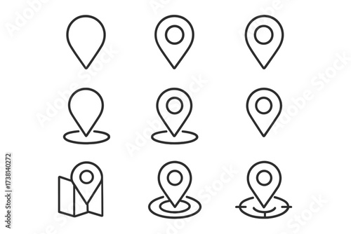 Map pin icon set. Minimalist line art for location, navigation, and GPS. Vector symbols for destination, pointer, place, marker, and travel. Geolocation point signs collection.