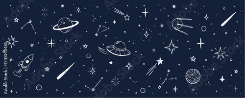 Whimsical hand drawn space scene with planets rockets and stars