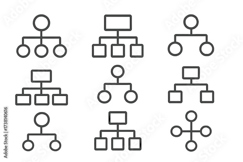 Hierarchy line icons set. Business organization chart, corporate structure, workflow diagram. Management sitemap. Minimalist vector pictogram collection for infographics and web design.