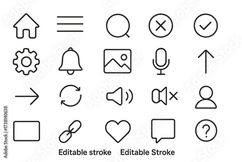 Set of universal line icons for user interface design. UI UX kit for web and mobile apps. Editable stroke symbols like home, search, settings, notification, like, and profile.