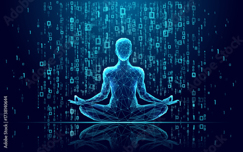 Yoga body woman health polygon 3d science vector. Futuristic low poly yogi in lotus asana with matrix code rain, meditation human silhouette, digital aura, chakra balance, zen concept.