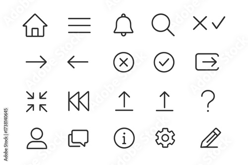 User interface line icon set. UI UX vector pictograms for web and mobile apps. Minimalistic linear symbols like home, menu, search, settings, profile, arrow. Editable stroke.