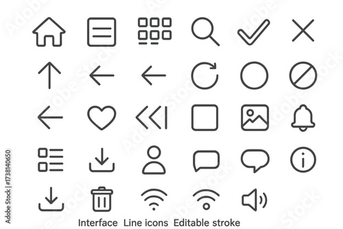 Universal interface line icon set. UI UX outline pictograms for mobile app and web design. Minimalist vector symbols collection: home, search, user, download, menu. Editable stroke.