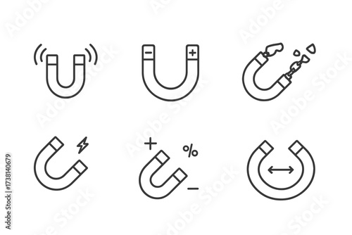 Magnet icon set. Concept of customer attraction. Lead generation metaphor. Marketing tool. Magnetic force and physics science symbol. Editable stroke line vector pictograms pack.