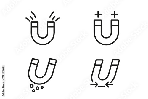 Magnet line icon set. Vector collection of horseshoe magnet pictograms with editable stroke. Symbols for magnetic field, attraction, repulsion, polarity, physics, and science.