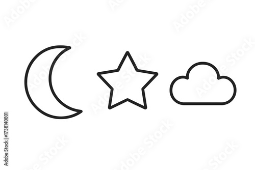 Weather icon set with crescent moon, star, cloud. Simple line art symbols for night sky or sleep concept. Minimalist vector outline pictogram collection for web, app UI design.