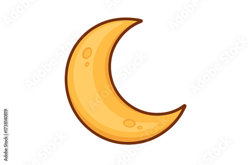 Crescent moon cartoon vector illustration. Isolated celestial icon for UX UI design. Yellow moon with craters on transparent background. Night sky symbol, space element concept.