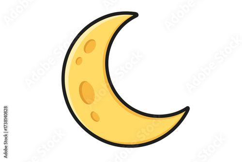 Crescent moon cartoon vector illustration. Isolated icon for web and app design. Yellow celestial body with craters. Night sky symbol for astronomy, science, or kids projects.