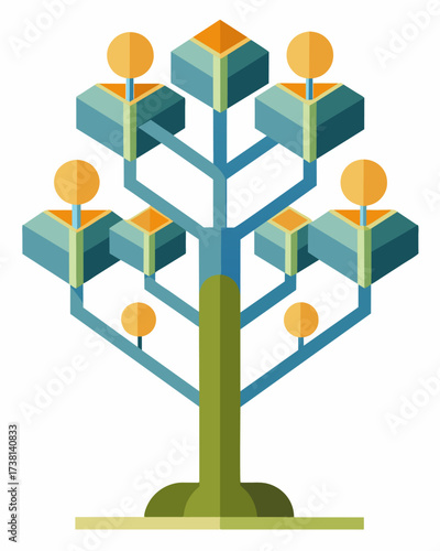 An abstract structure resembling a tree with branches made of solar panels providing shade during the day and lighting up at night.. Vector illustration
