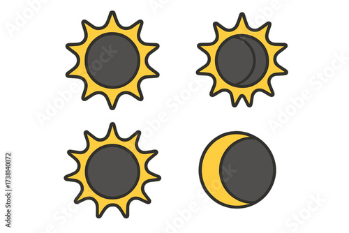 Solar eclipse phases icon set. Sun and moon vector illustration. Astronomy celestial event concept. Annular or total solar eclipse sequence for web, app design. Simple flat cartoon graphic.