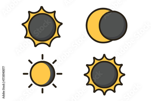 Solar eclipse icon set. Sun and moon celestial event phases. Vector cartoon illustration. Astronomy symbols for websites, apps. Annular, partial, and total solar eclipse icons.