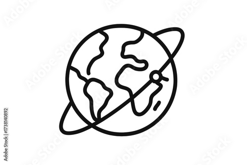 Globe with satellite orbit icon. Planet Earth symbol for global communication, network, and technology. World map line art. Vector illustration for GPS, travel, and business.