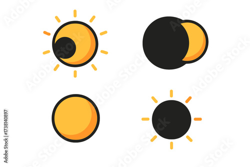 Solar eclipse icon set vector illustration. Sun, moon, and different eclipse phases. Total, partial, and annular eclipse concept. Astronomy celestial event symbol collection.
