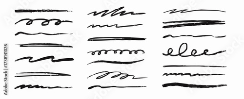 Collection of black hand drawn brush stroke lines and scribbles