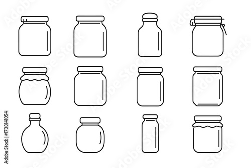 Glass jar and bottle thin line icon set. Vector collection of empty containers for canning, jam, honey, food storage. Editable stroke glassware outline pictogram illustrations.