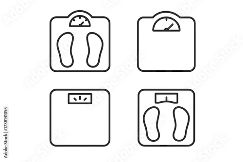 Floor scale line icon pack for weight management and health. Vector set of bathroom scales for measuring body mass. Fitness, diet, and obesity concept. Editable stroke pictogram.