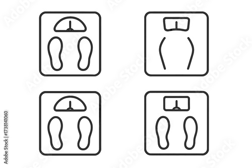 Weight scale line icon set. Bathroom floor scales vector collection. Healthy lifestyle, diet, body mass, weight loss concept. Minimal outline pictogram with editable stroke.