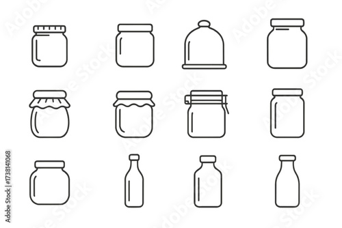 Glass jar and bottle thin line icon set. Vector symbols for canning, jam, honey, milk, and food storage. Outline container and glassware pictograms with editable stroke.