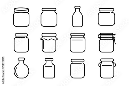 Glass jar and bottle line icon set. Vector outline collection of glassware for food storage, canning, preserving. Minimalist container symbols for jam, honey, kitchen design.