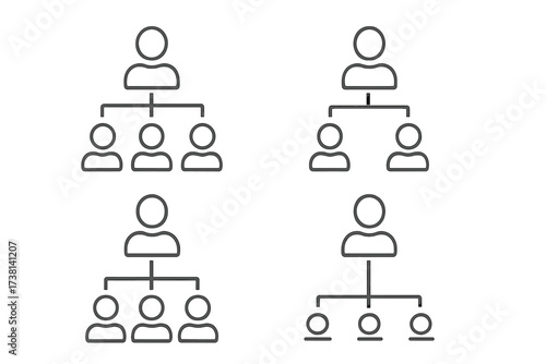 Business hierarchy and organization structure icon set. Corporate team management, leadership pictogram collection. Editable stroke line icons for infographic, web, app design.
