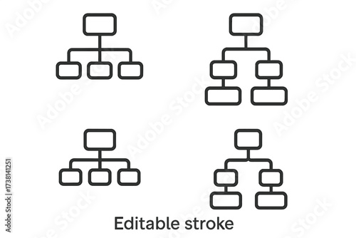 Hierarchy line icon set. Organization chart and corporate structure flowchart pictogram. Business management, workflow diagram. Minimalistic vector illustration, editable stroke.