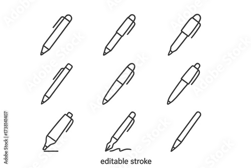 Pen line icon set. Pencil, marker, and fountain pen vector icons. Editable stroke. Outline pictograms for writing, drawing, and office supplies. Minimalist stationery symbols.