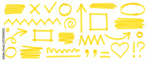 Collection of yellow hand drawn highlighter marks and symbols