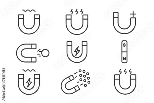 Magnet line icon pack. Editable stroke pictogram set. Vector symbols of magnetism, physics, attraction, force, and energy. Horseshoe and bar magnet with north and south poles.