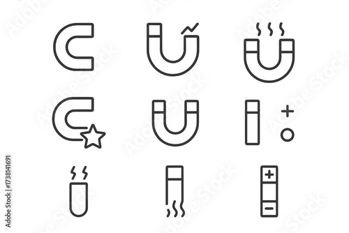 Magnet line icon pack with editable stroke. Vector illustration set of magnetism concepts like attraction, physics, and science. Minimal pictograms of horseshoe & bar magnets.