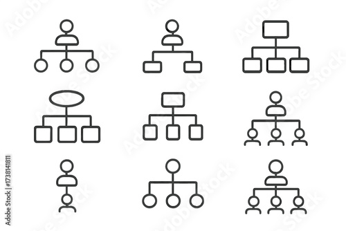 Hierarchy line icon set. Organizational chart and business structure symbols. Corporate management, teamwork flowchart diagrams. Minimal vector pictograms with editable stroke.