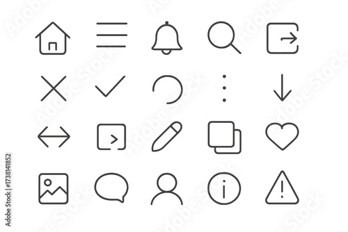Modern universal UI line icon set for web and mobile apps. Minimalistic linear pictogram pack with editable stroke. Includes home, search, menu, profile, and notification icons.
