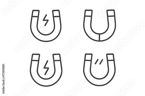 Magnet line icon set with editable stroke. Horseshoe magnet vector pictogram collection for marketing, lead generation, and attraction concepts. Minimalistic science and physics symbols.