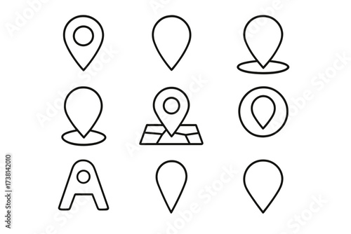 Map pin location icon set. GPS pointer destination marker. Navigation symbol. Line outline pictogram pack. Web, mobile app, UI UX design element. Editable stroke vector illustration.