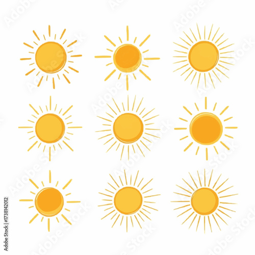 Collection of nine hand drawn yellow sun icons with rays on white background