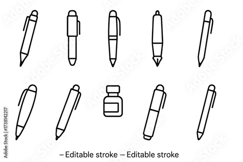 Pen line icon set. Collection of writing tools with editable stroke. Minimalist linear pictograms of ballpoint, fountain pen, ink bottle for office, school, business, and design.