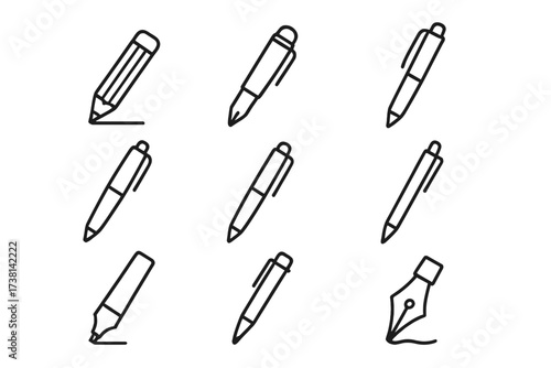 Pen line icon set. Editable stroke vector pictograms. Writing, drawing, signature concept. Pencil, marker, fountain pen, ballpoint. Office supply and stationery symbols.
