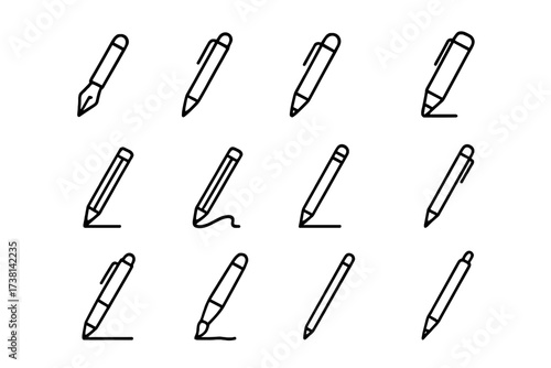 Pen, pencil, and marker line icon set. Vector linear writing tools pictogram collection. Minimalistic draw, write, and signature symbols. Editable stroke stationery illustration.